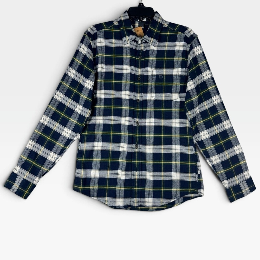Eddie Bauer Field Flannel Flex Shirt Mens S Navy Plaid Long Sleeve NWT